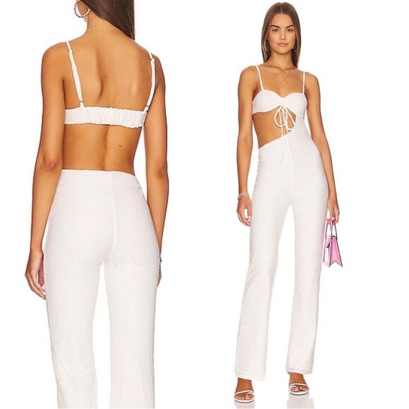 Camila Coelho Pants - Camila Coelho Aurora Cutout Jumpsuit in White Textured Stretch Burnout REVOLVE
